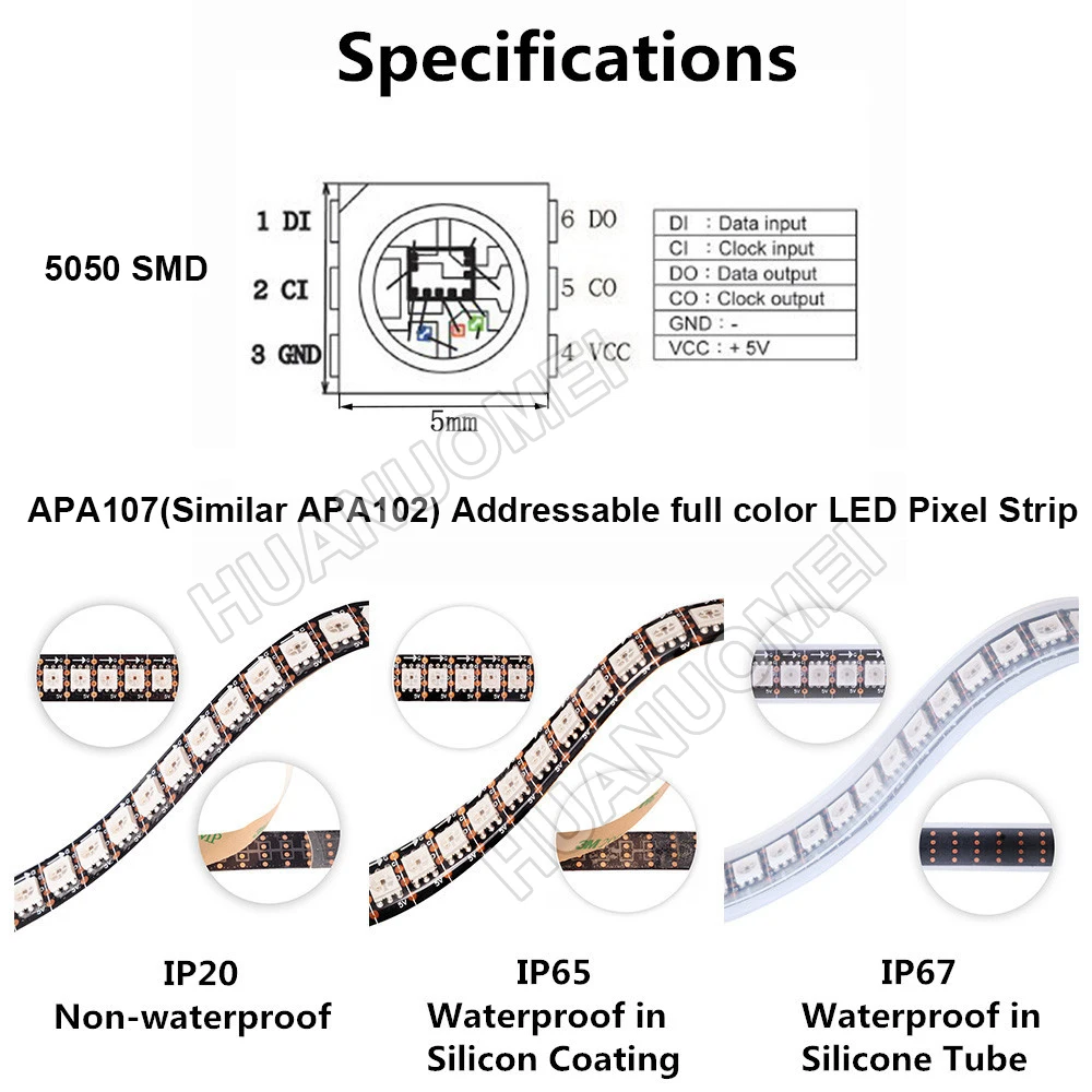 5V APA107 (Similar APA102) 144 LEDs/m 5050 SMD Smart Pixel Individual Addressable LED Strip Light,WHITE/BLACK PCB,IP20/IP65/IP67