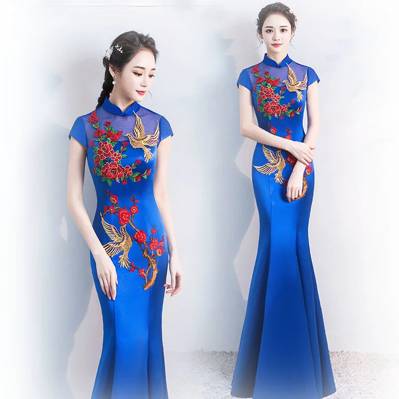 

Navy Blue Chinese Dress Traditional Guzheng Satin Cheongsam Vestido Female Mermaid Long Evening Dresses Oriental Costumes XL 3XL