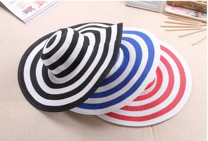 Hot Sale Fashion Hepburn Wind Black White Striped Bowknot Summer Sun Hat Beautiful Women Straw Beach Hat Large Brimmed Hat