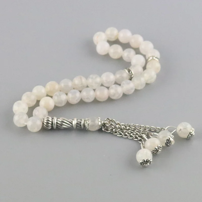 Natural Agate White Beads 8mm Round Beads 33 Islamic Rosary Muslim Tasbih Allah Beaded Bracelet Romantic Tassel Pendant Gift