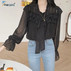 Chiffon Blouses Shirts 2019 Design Women Tops transparent Flare Sleeve Red Black Dot Ruffled Loose Button Shirt camisas feminina