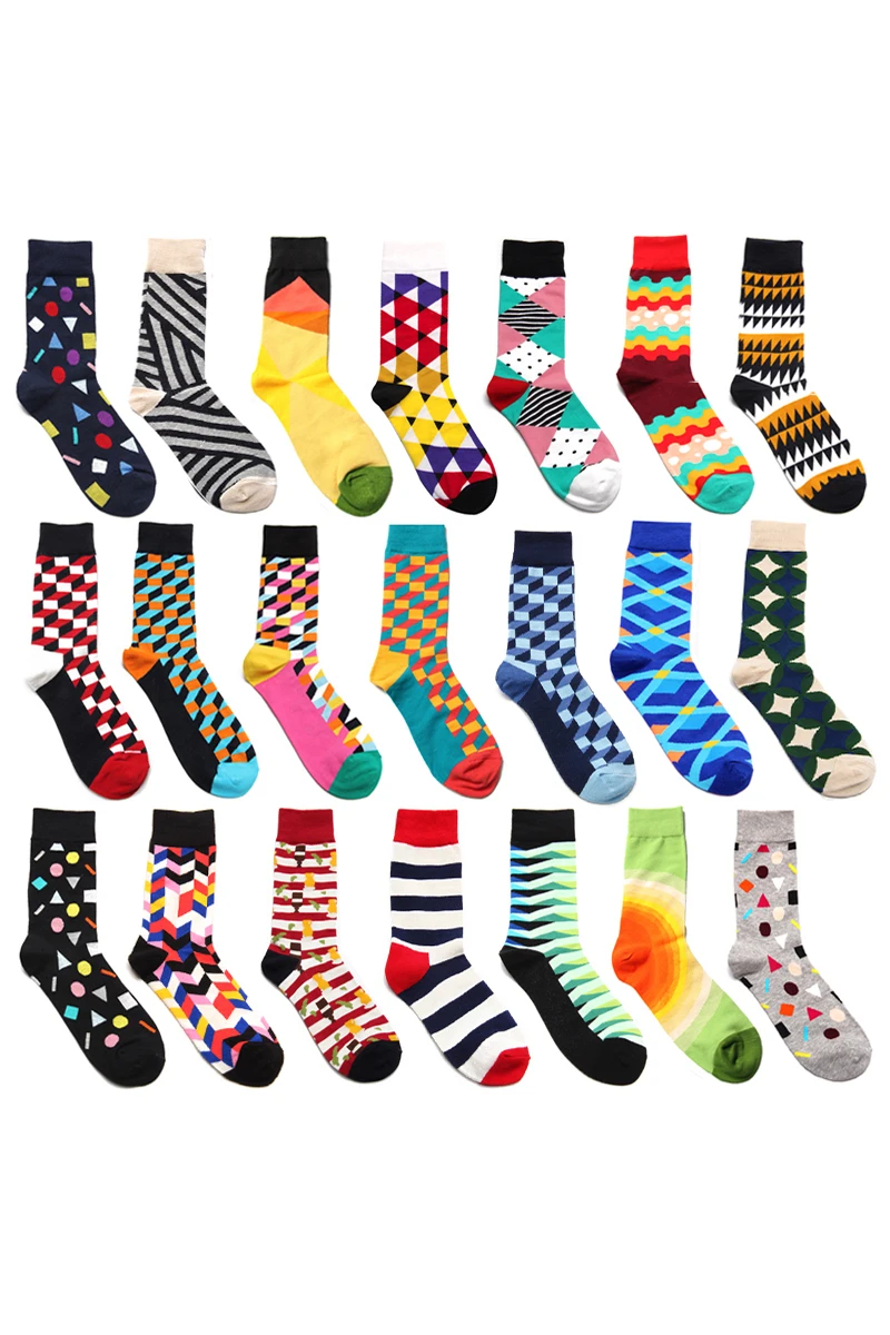 PEONFLY Men Socks Funny Geometric Striped Wave Rhomboid Lattice Wine Stitching Harajuku Hip Hop Happy Cotton Socks Street Style