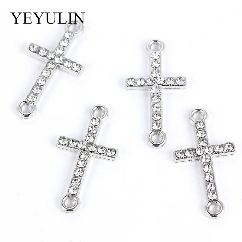 DIY Pendant Necklace Jewelry Findings  10 Pcs White K Alloy Crystal Religion Cross Connectors Beads Bracelet Charm