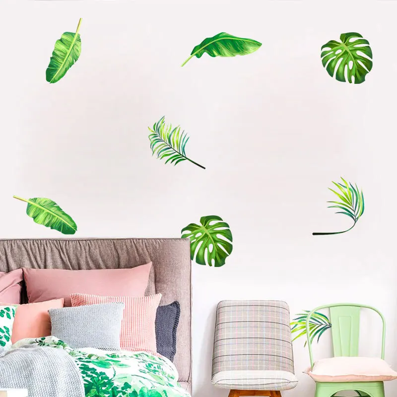 BalleenShiny PVC 6pcs Green Tropical Leaves DIY Wall Sticker Pastoral Style Living Room Decor Wallpaper Kids Nursery Mural Decal