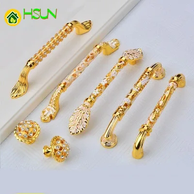 2Pcs Golden Crystal Handle Aureate European handle hollow out chest ambry door of drawer cupboard auger round single hole handle