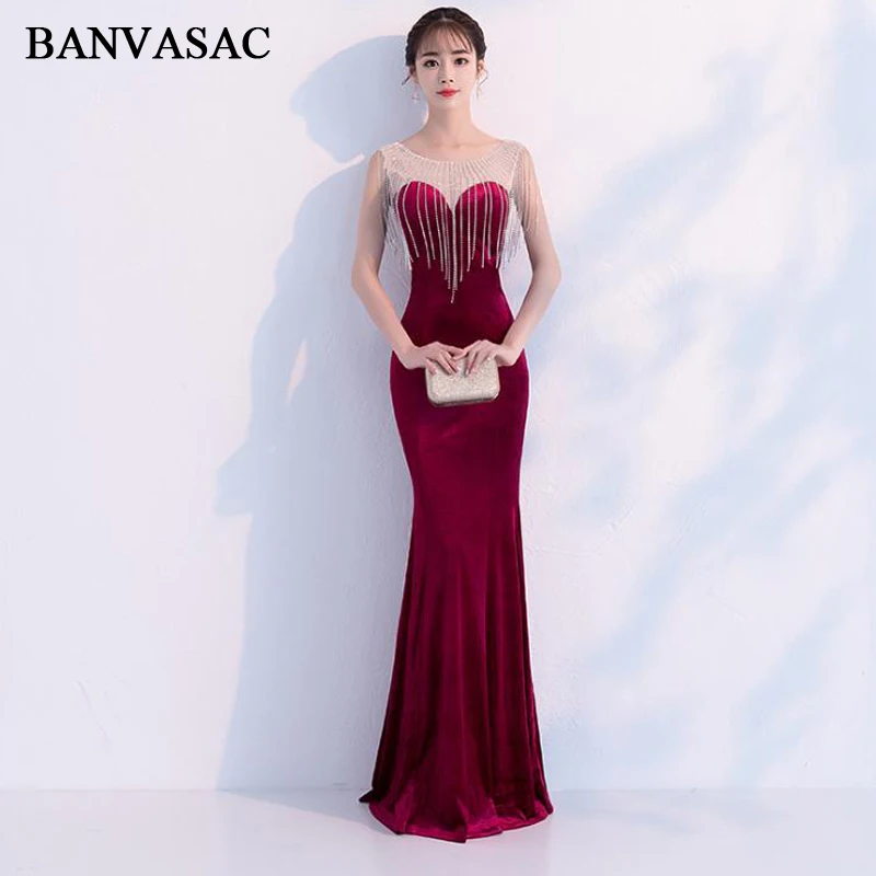 

BANVASAC Elegant Crystal Tassel O Neck 2019 Velour Mermaid Long Evening Dresses Party Illusion Zipper Back Prom Gowns