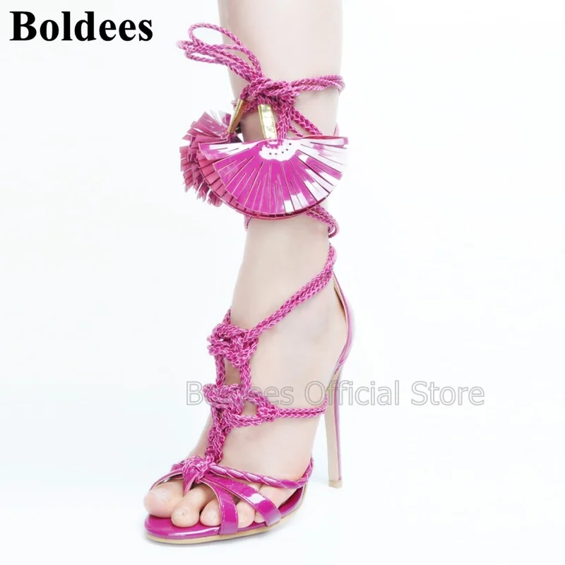 

European Designer Fashion Tassel Patent Leather Thin High Heel Sandals Women Rose Pink Summer Purple Party Dress Shoes