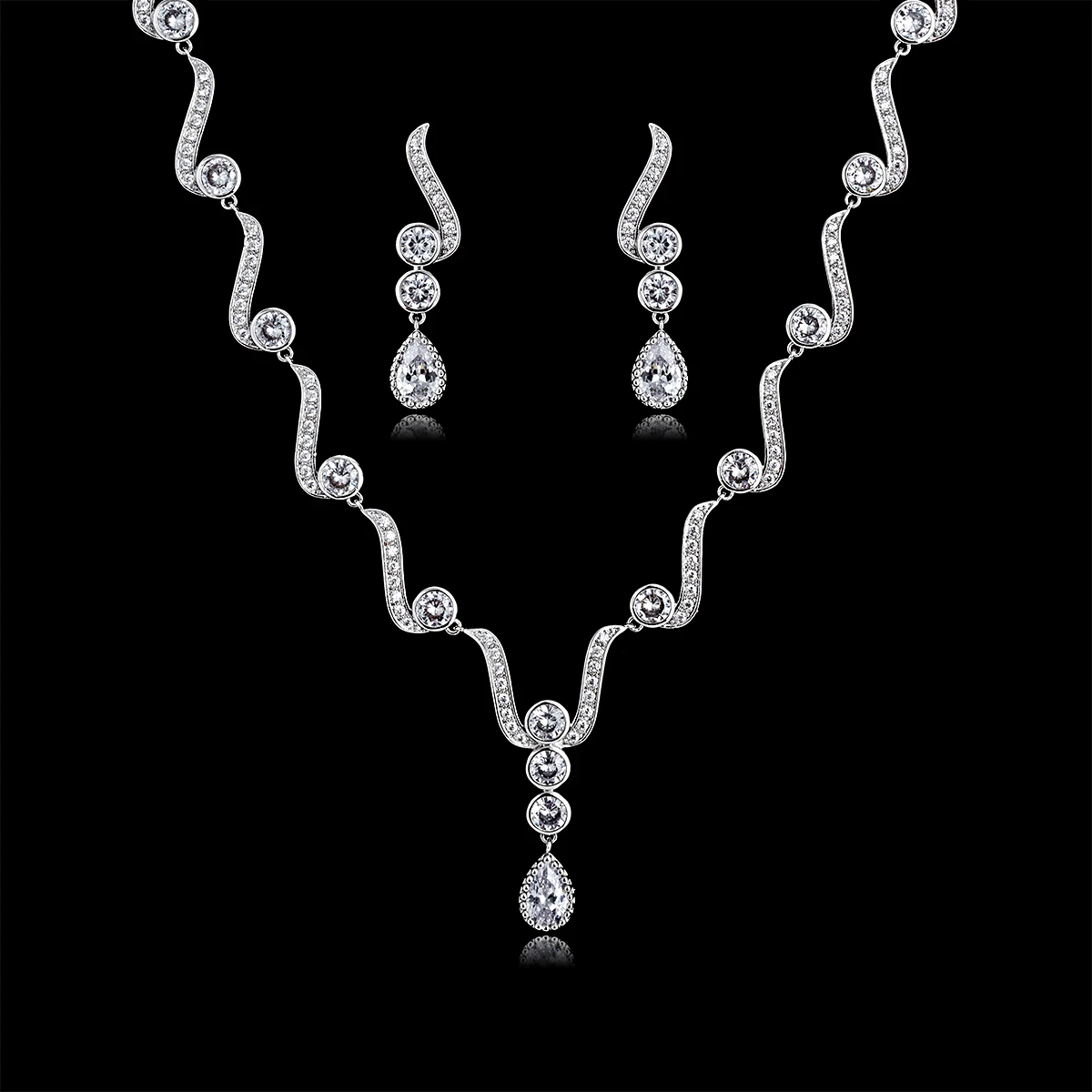 Trendy Crystal CZ Cubic Zirconia Bridal Wedding Flower Necklace Earring Set Jewelry Sets for Women Prom Accessories CN10185