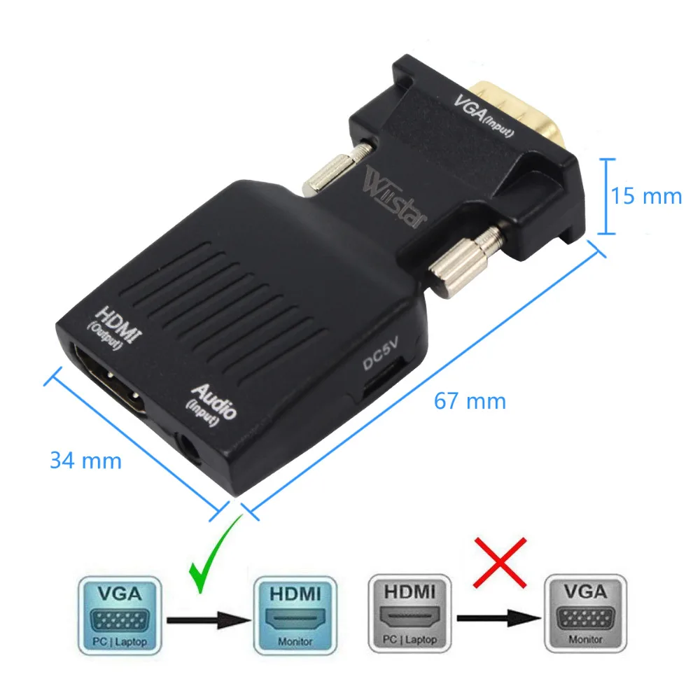 VGA mannelijk naar HDMI vrouwelijk converteradapter met audio-ingang 1080P VGA HDMI-adapter voor pc-laptop naar HDTV-projector
