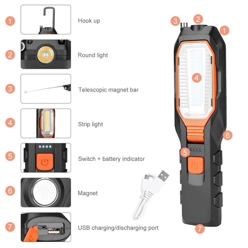 COB LED Portable Lantern Rotatable Antenna Work Light Inspection Flashlight Magnet Movable Lamp with USB Cable Built-in battery