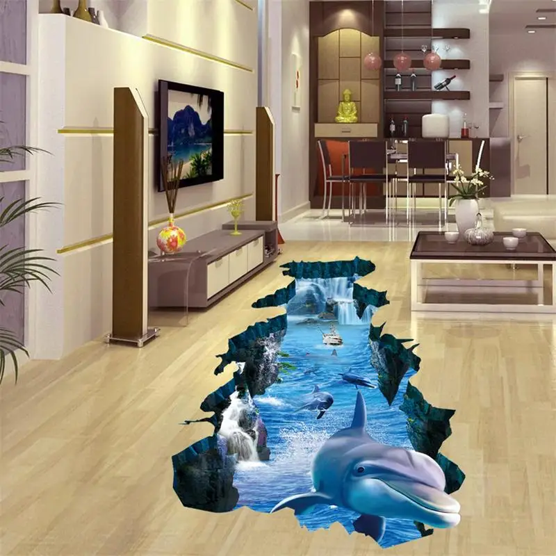 New 3D wall stickers dolphin broken wall Aquarium Ocean Wall Stickers For Kids Rooms Bathroom Kitchen Home Decor Cartoon