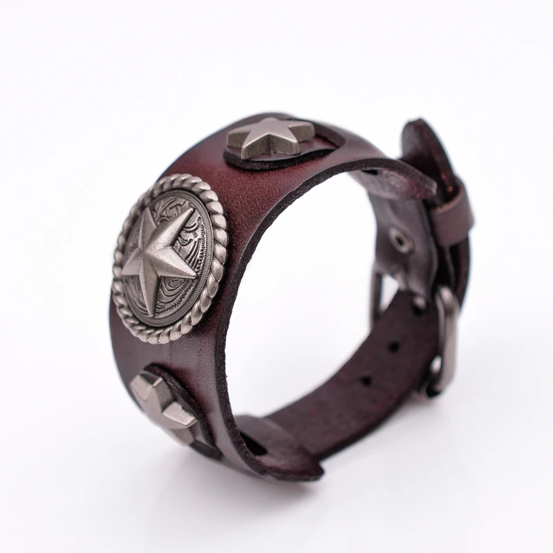 Star Button Style Metal Studded Genuine Punk Quality Wide Cowhide Leather Bracelet Cuff Wristband Bangle Brown