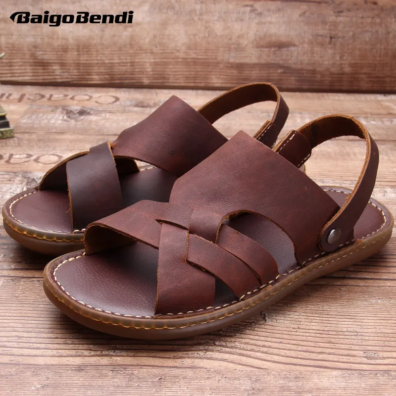 Middle Aged And Old Man Leather Sandals Fahsion Summer Beach Slides Shoes Casual Nonslip TPR Outsole Male