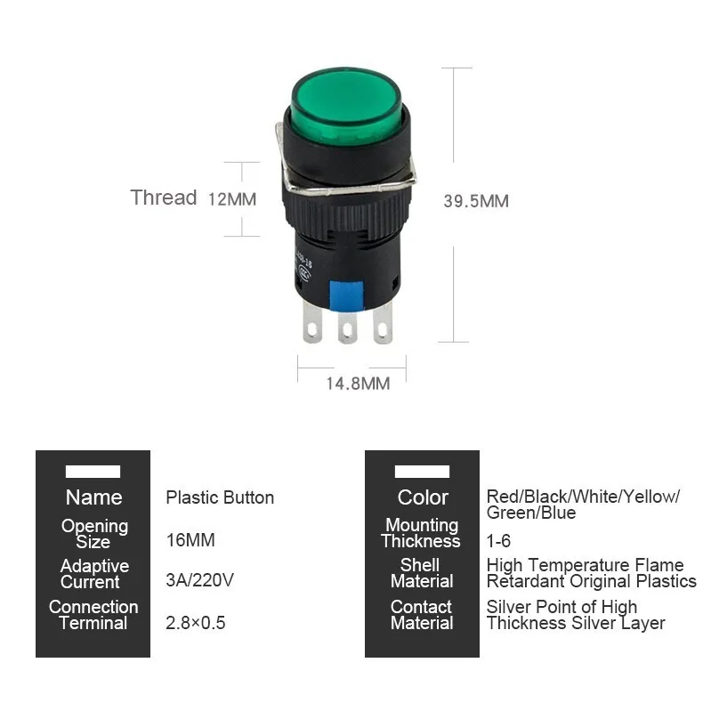 Push Button Switch 16mm Plastic Round Flat Momentary/Self-locking 3 pins 3A/220V Red/Yellow/Green/Blue/White/Black (10PCS)