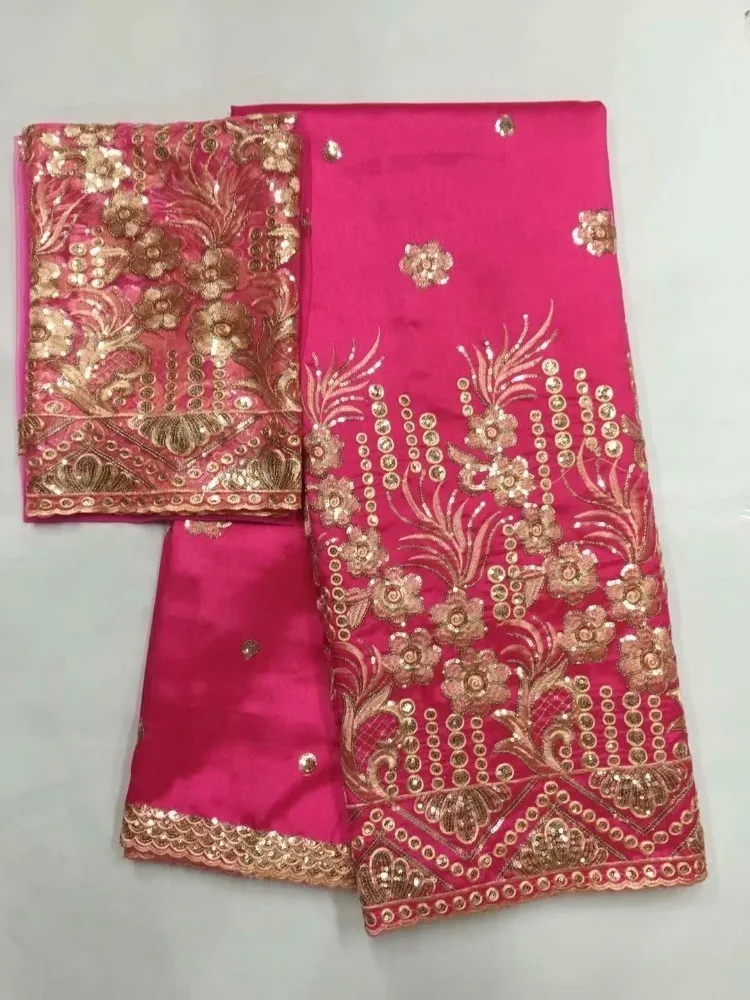 

African George Fabric High Quality Indian Pink Silk George Wrappers Hot Nigerian Sequin Lace Fabrics Set With Blouse For Wedding