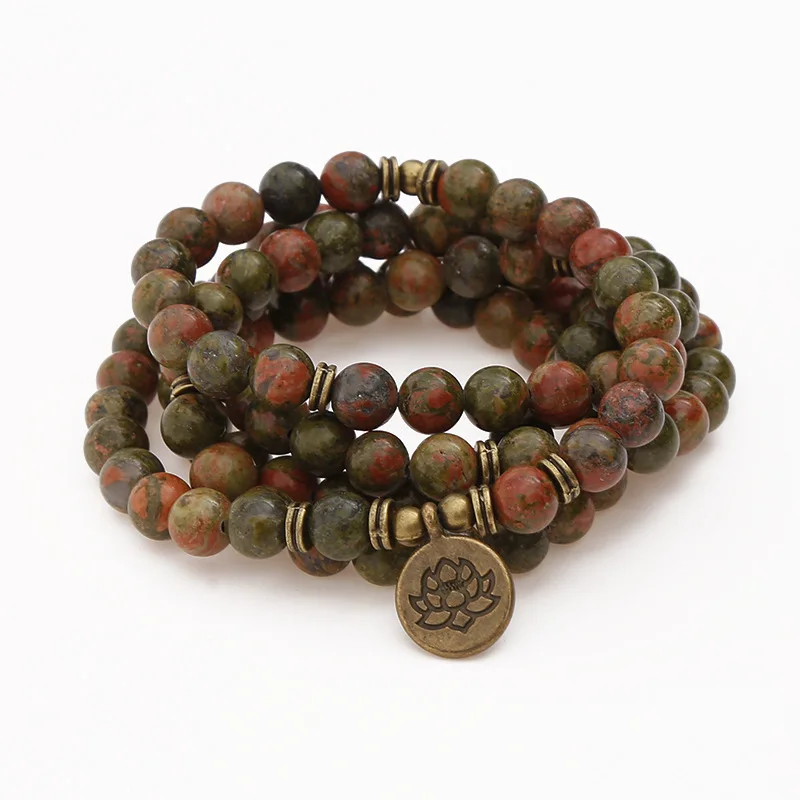 Natural Flowers Green Onyx Stone Beads Strand Bracelet & Necklace Lotus OM Pendant 108 Mala Chakra Yoga Buddhist Bracelet