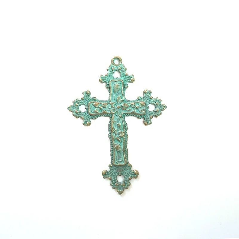 1pcs Patina Plated Zinc Alloy Green Religious Cross Charms 73*53MM Big Pendants For DIY Punk Necklace Accessories