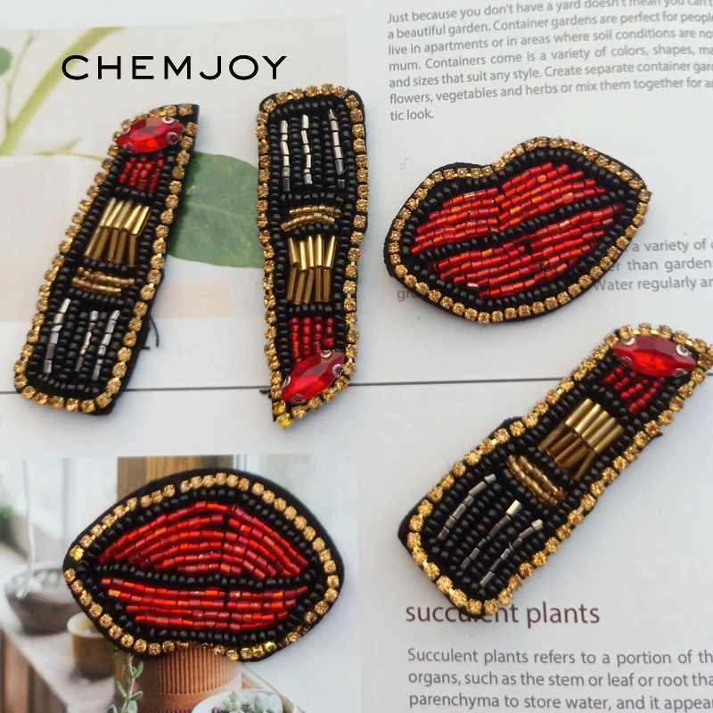 1Pair Red Lip Lipstick Beaded Rhinestone Patches for Clothing 3D Parches Sewing Beading Applique Bags Sweater Shoes Patch