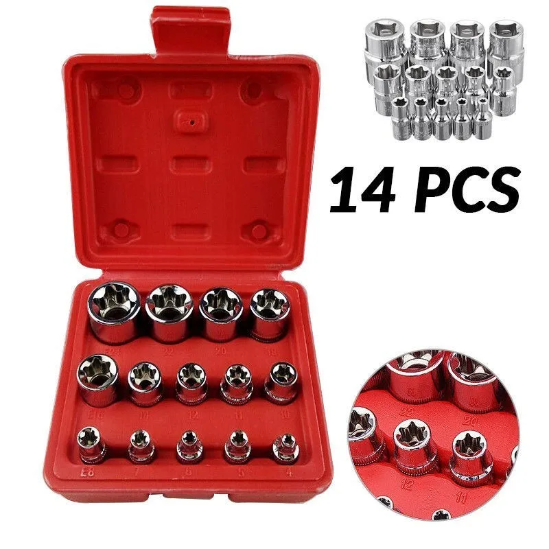 

14Pcs 1/4'' 3/8'' 1/2'' Driver E Torx Star Bit Chrome Socket Kit Tool Set + Box Car Toolbox