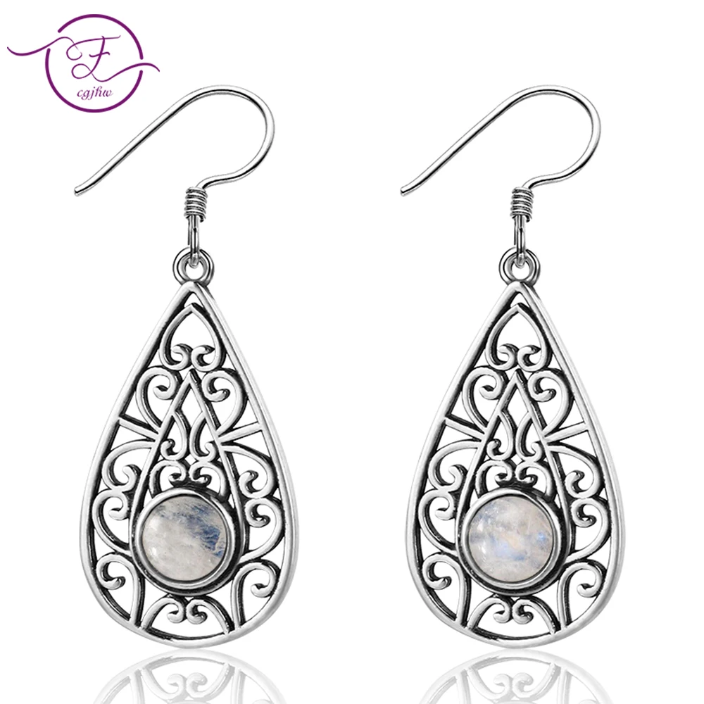 

DIY new 925 sterling silver earrings 6MM round moonstone retro Persian texture style pendant earrings wholesale engagement party