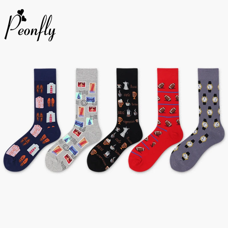 PEONFLY Man Personality Printing Stamp Watch Coffee Beans Menswear Pattern Fashion Socks Casual Ventilation Cotton Sock