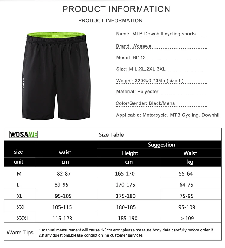 WOSAWE-Shorts De Ciclismo Para Homens, Gel Acolchoado, Shorts MTB, Respirável, Solto, Roupa Interior De Bicicleta Downhill, Shorts De Mountain Bike