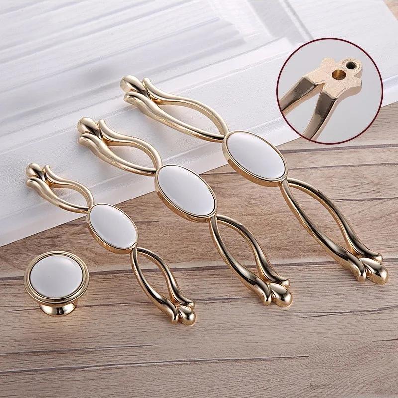 2 pcs White Creamic Door Handles Drawer Pulls Modern Gold Kitchen Cabinet Handles and Knobs Furniture Handles Hardware Fittings