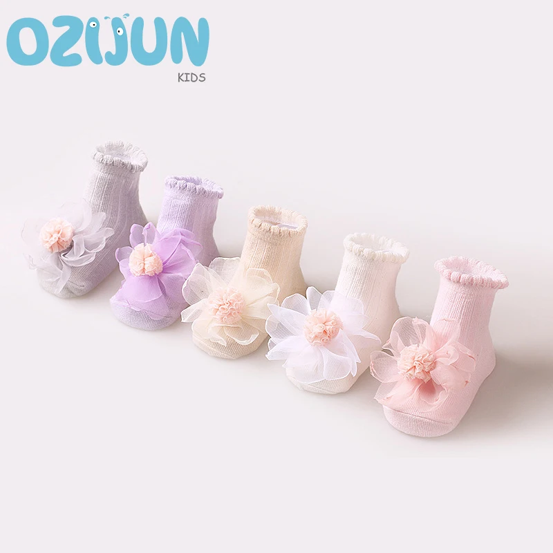 One Pairs Baby Girls Anti-slip Socks 0-12/12-24 Months Double Needle Big Flower Loose Open Cotton Socks Infant Toddler Socks