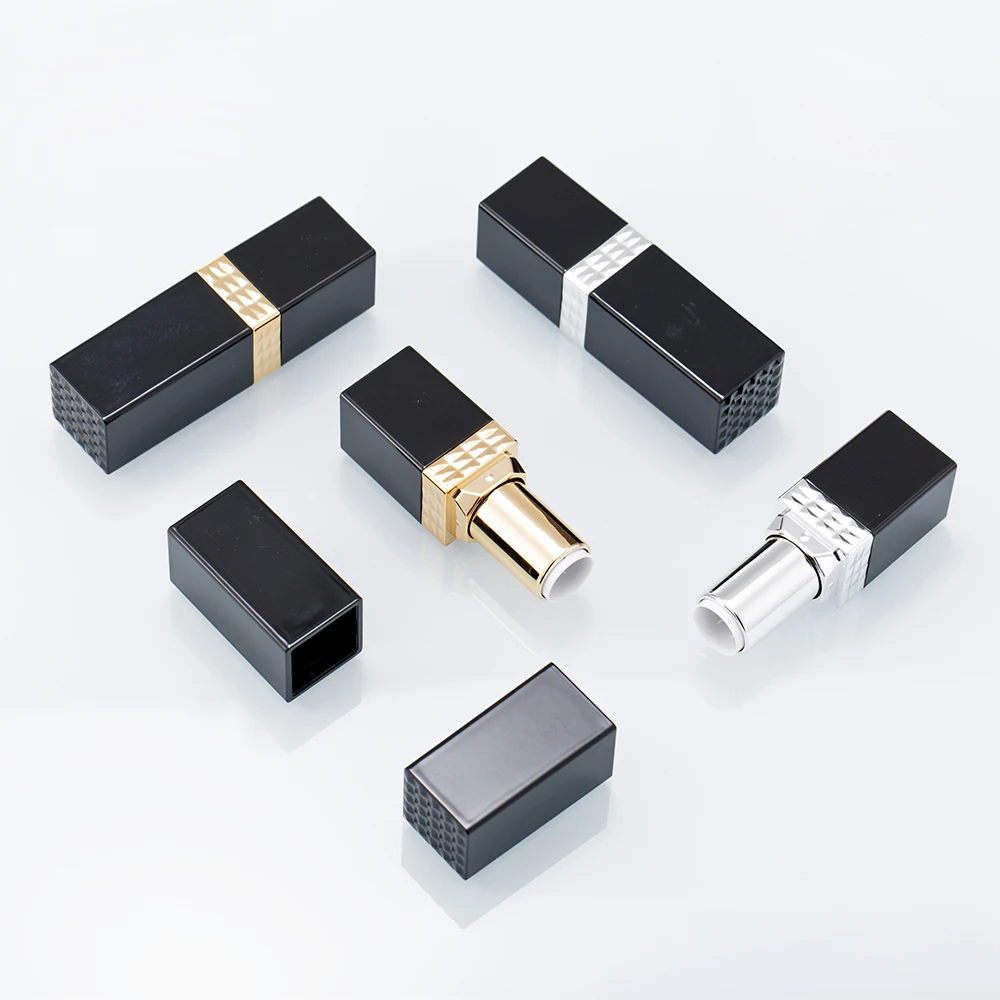 Square black empty lipstick tube gold or silver ring for make up packaging