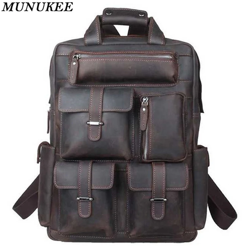 Vintage Crazy Horse Leather Men Backpack Travel Backpack Genuine Leather Backpack Men School Backpack Fashion Rucksack Book Bag