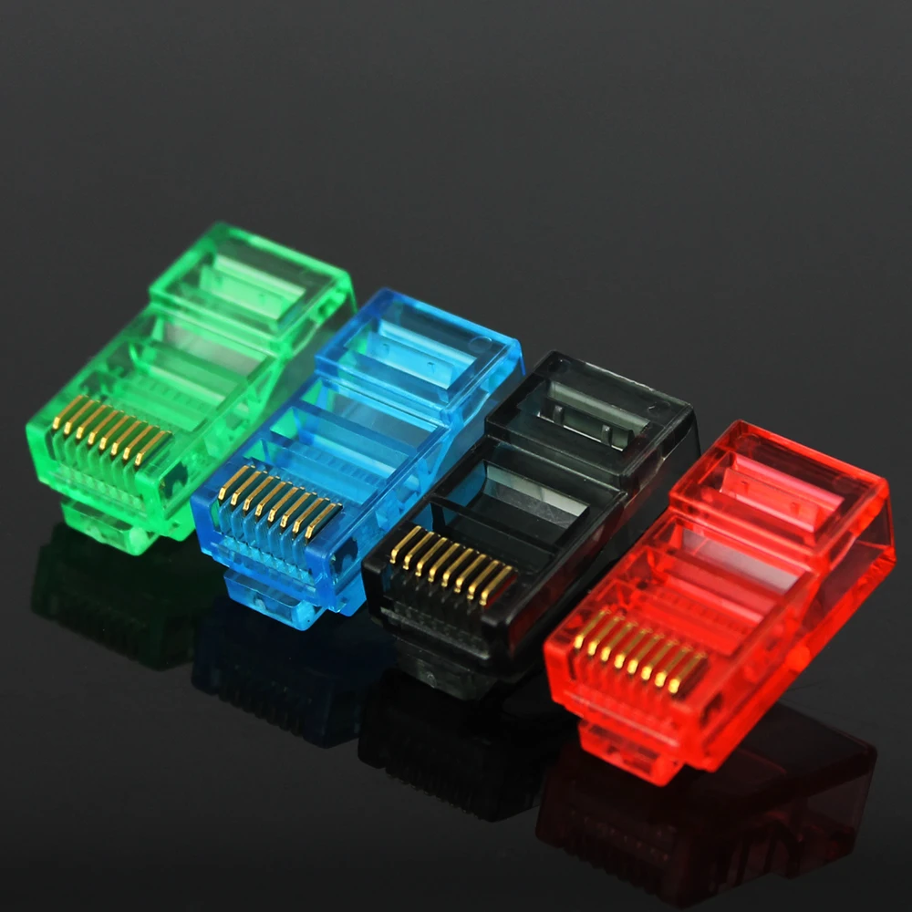 50/100 sztuk RJ45 kable Ethernet moduł wtyczka złącze sieciowe RJ-45 kryształowe głowice Cat5 kolor Cat5e pozłacany kabel