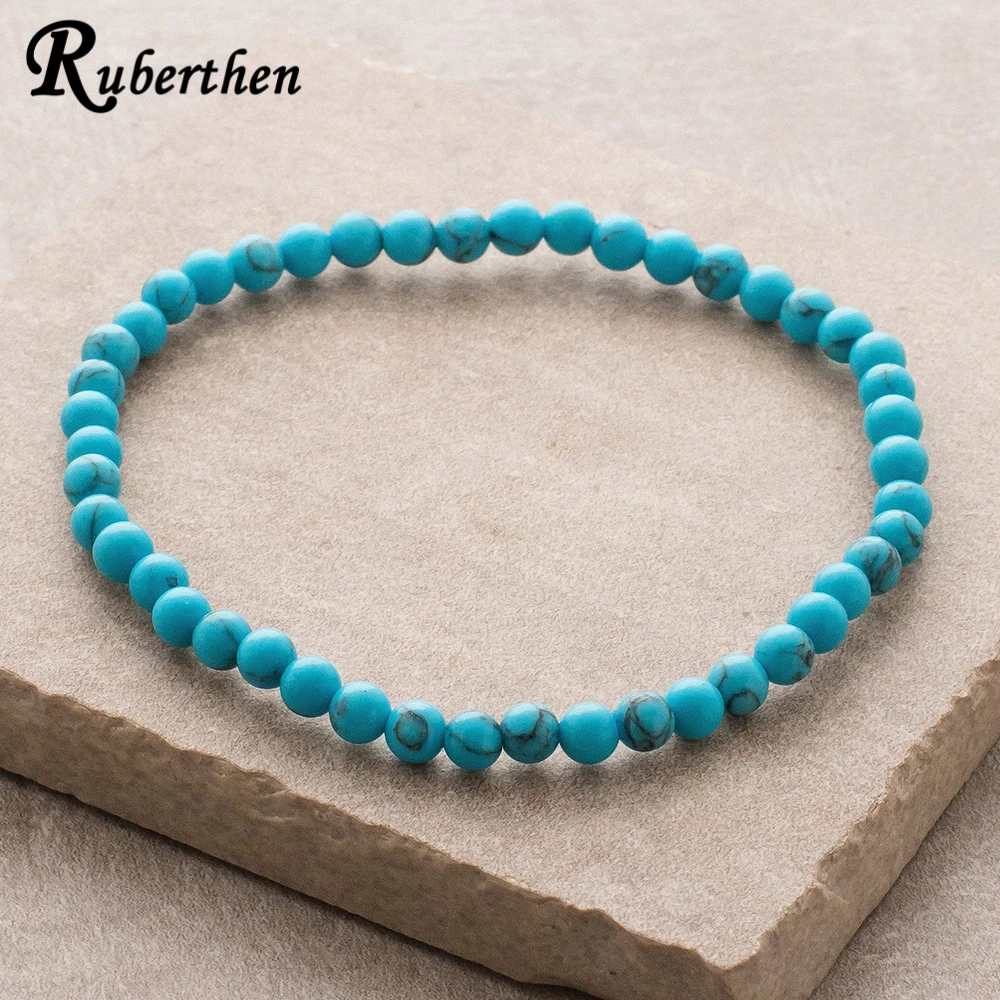 Ruberthen Hupei Turquoise Bracelet 4 MM Natural Stone Beads Bracelet Mini Gemstone Energy Bracelet