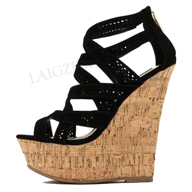 LAIGZEM Women Sandals Faux Suede Platform Wedges Heels Sandals Cut Outs Shoes Woman Vacation Sexy Sandalia Zapato Big Size 34-52