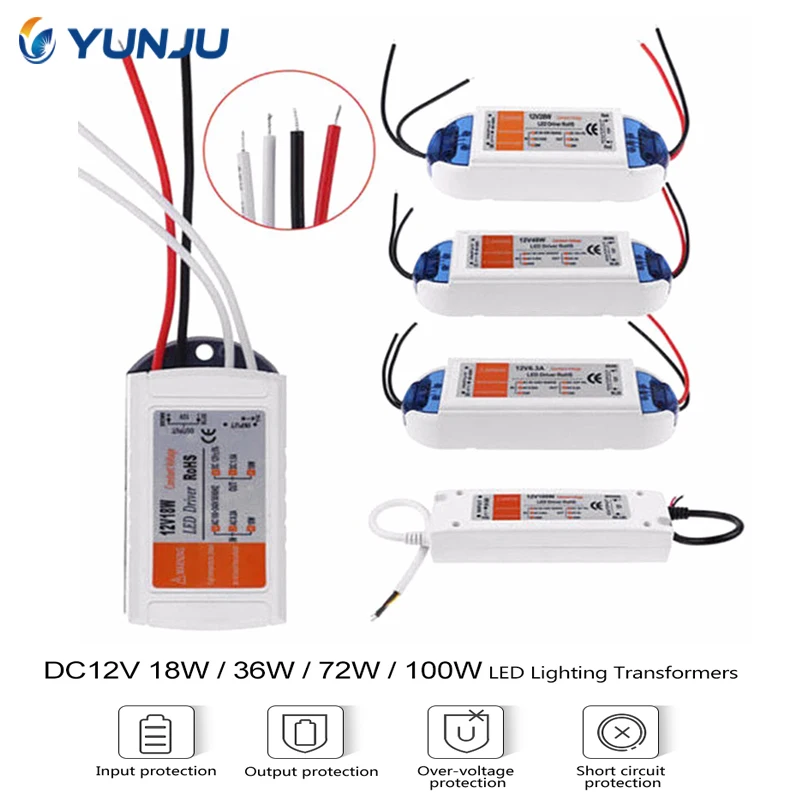 

DC12V Power Supply LED Driver 18W/28W/48W/72W/100W Adapter Lighting Transformer Switch for LED Strip Ceiling Light bulb