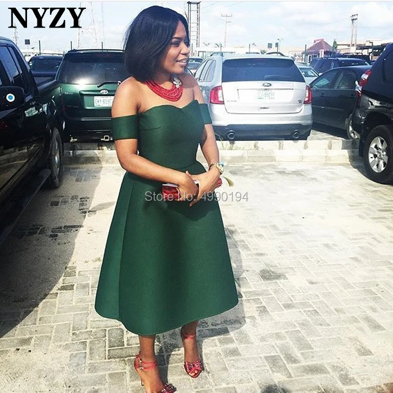 

NYZY C90 Elegant Green Satin Dress Party Off Shoulder Tea Length Cocktail Dress Short Evening vestido coctel