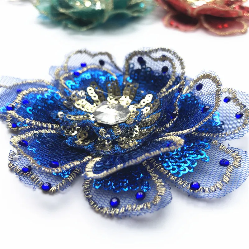 8CM Gold Silver Sequin Embroidered 3D Flower Head Sew On Patch Mesh Multilayer For Wedding Appliques Dress DIY Red Blue Black