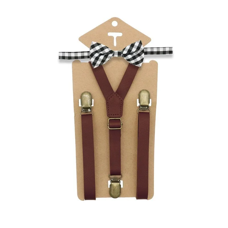 3 Clips Y Zurück Kid Braun Tan Leder Hosenträger Und Fliege Ring Bearer Bowtie Set Geburtstag Outfit 80*1,5 cm Einstellbar