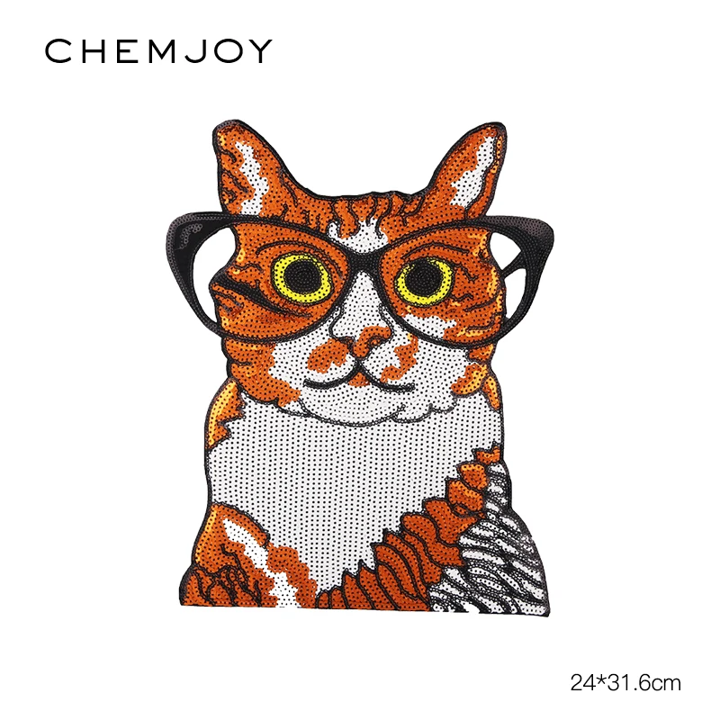 Sequins Anime Patches Sew on Applique Nerd Cat Large Iron on Patch for Clothing Bags DIY Apparel Clothes Sticker Aniaml Parches