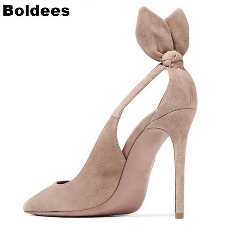 

Beige Suede Leather Thin High Heel Pumps Women Pointed Toe Cut Out Back Bowtie Stiletto High Heel Shoes For OL Ladies