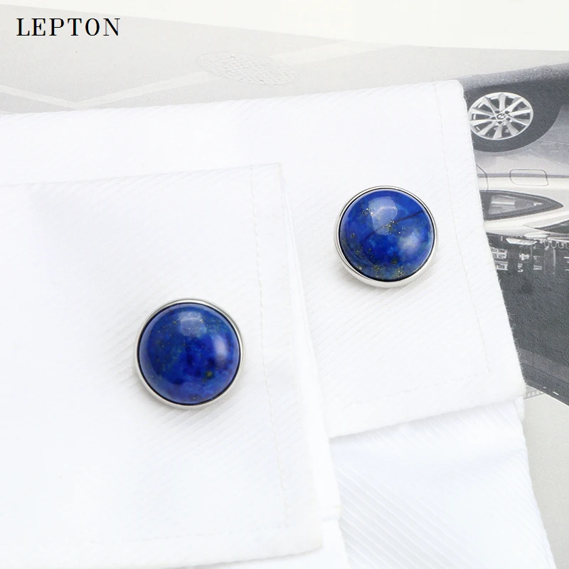 Low-key Luxury Lapis Lazuli Cufflinks for Mens Gold Color Lepton High Quality Round Lazurite Stone Cuff links Relojes gemelos