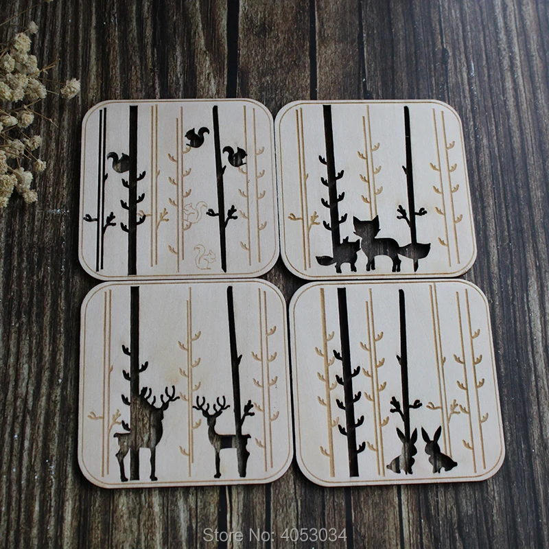 Wood coasters - Laser cut forest animals, Set of 4 wooden coasters, Unique coaster, Modern design coaster, Laser cut drink coast