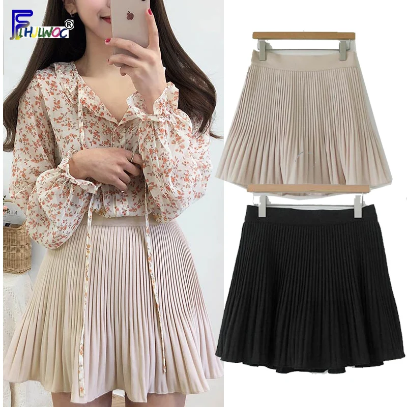 Summer Mini Skirts Women Fashion Preppy Style Girls Cute Sweet A Line Skirt Black White Elastic Waist High Pleated Mini Skirt