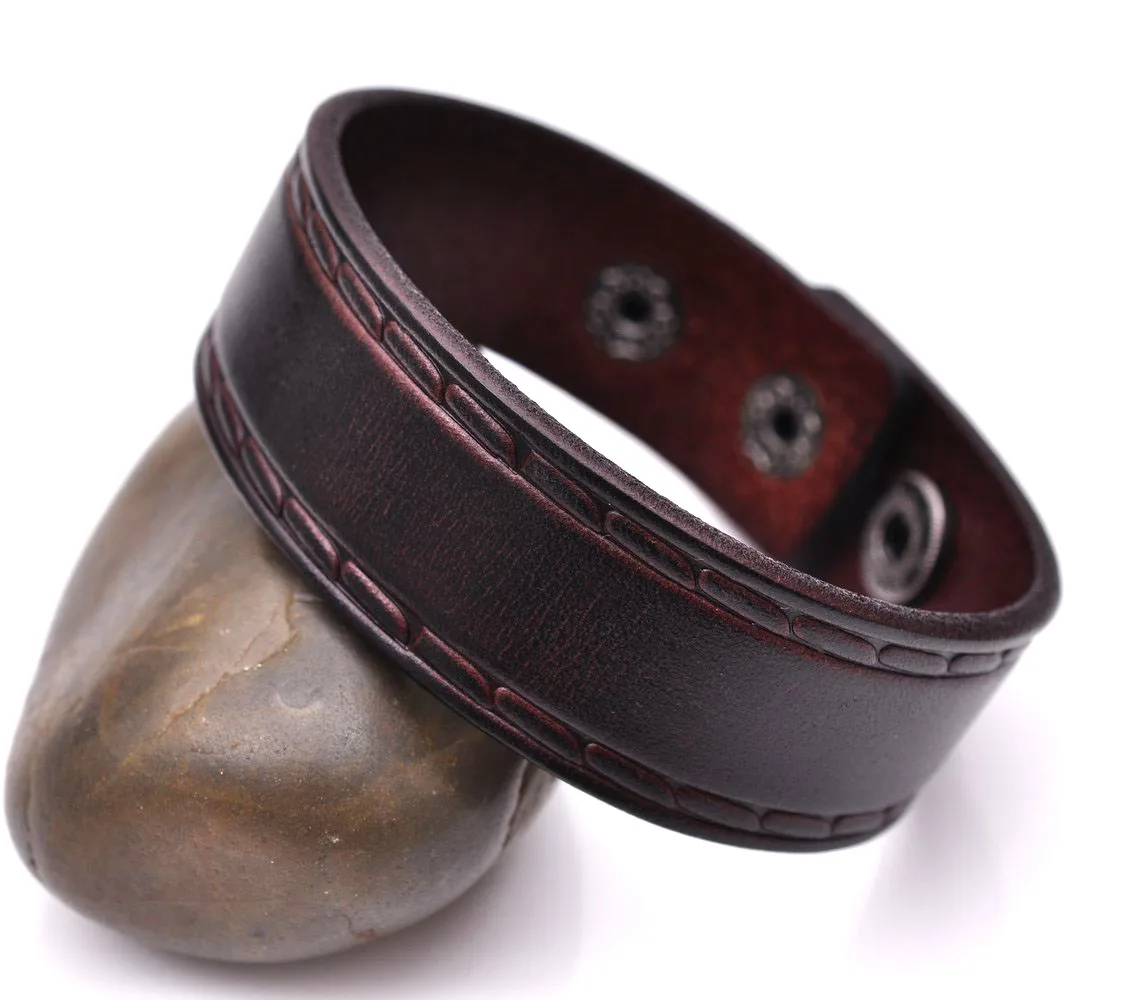 Retro Embossing Cool Genuine Leather Bracelet Wrap Cuff Wristband Strap Brown