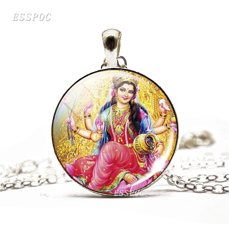 Krishna and Radha Amulet Necklace Glass Cabochon Jewelry Chain Lakshmi Pendant Hinduism Lord Shiva Necklace Women Gifts