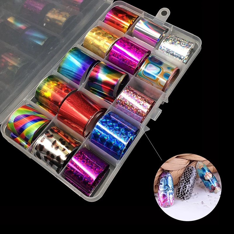 

1 Box 15 rolls Holographic Nail Foil Set TransparentNail Art Transfer Sticker 2.5cm*100cm Manicure DIY Holo Sticker Decoration