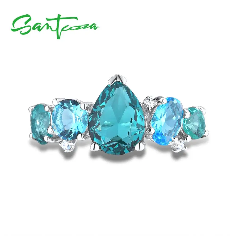 SANTUZZA Cincin Perak untuk Wanita 925 Sterling Perak Terbaru Desain Mengkilap Biru Kristal Cubic Zirconia Cincin Trendi Fashion Perhiasan