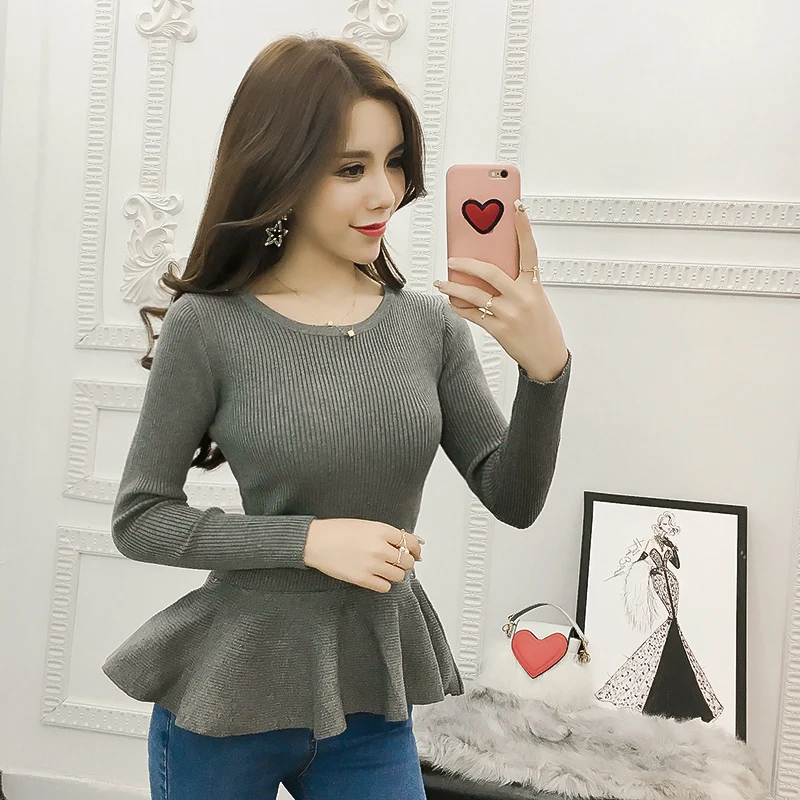 2019 Basic Pullovers Sweaters Hot Women Ruffled Long Sleeve Slim Bodysuit Top Gray Green Black Red Peplum Top Knit Sweater J303