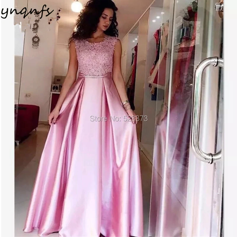 Ynqnfs p9 rendas apliques a linha dubai vestidos de dama de honra rosa sem mangas formal cetim vestido de festa elegante de gala