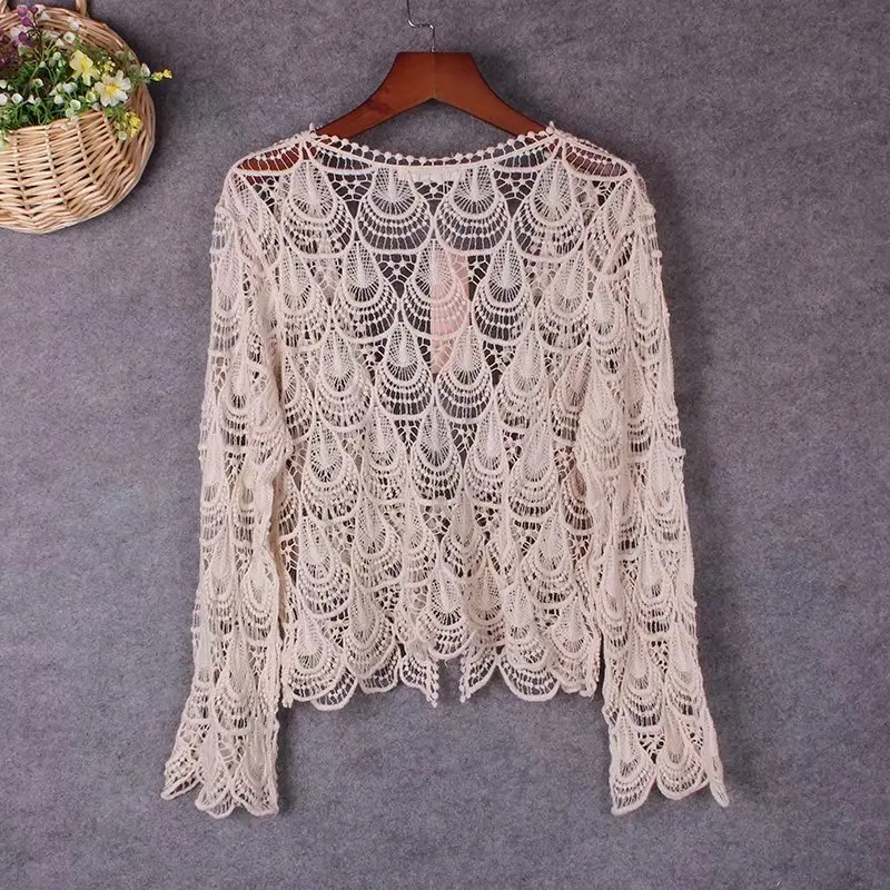 Tie Front Cardigan Summer Hollow Out Phoenix Flower Crochet Lace Cardigan Women Bohemian Crop Tops Ladies Lace Blouses femme