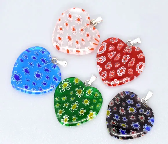 Lovely 10 Mixed Millefiori Glass Lampwork Heart Charm Pendants (B08434)